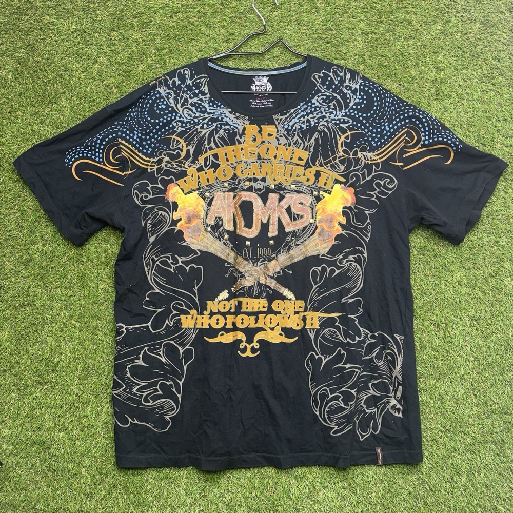 Vintage y2k Akdmks Shirt Mens 2XL AOP Graphic Print Flames Fire Grunge Black